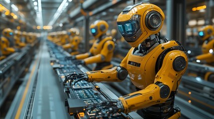 A futuristic factory with robots performing assembly line tasks autonomously