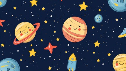 A seamless kids pattern of smiling cartoon planets stars and rocket ships on a dark blue background space themed and imaginative