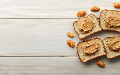 Fototapeta premium Delicious Almond Butter Toast on Wooden Board