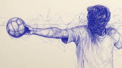 Dynamic Drawing of a Football Player Launching Ballpoint Pen Lines of Code in Vibrant Action