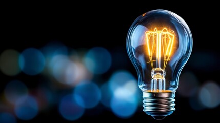 Glowing incandescent light bulb against a dark background with blue bokeh lights. The bulb is clear, showing the filament inside.