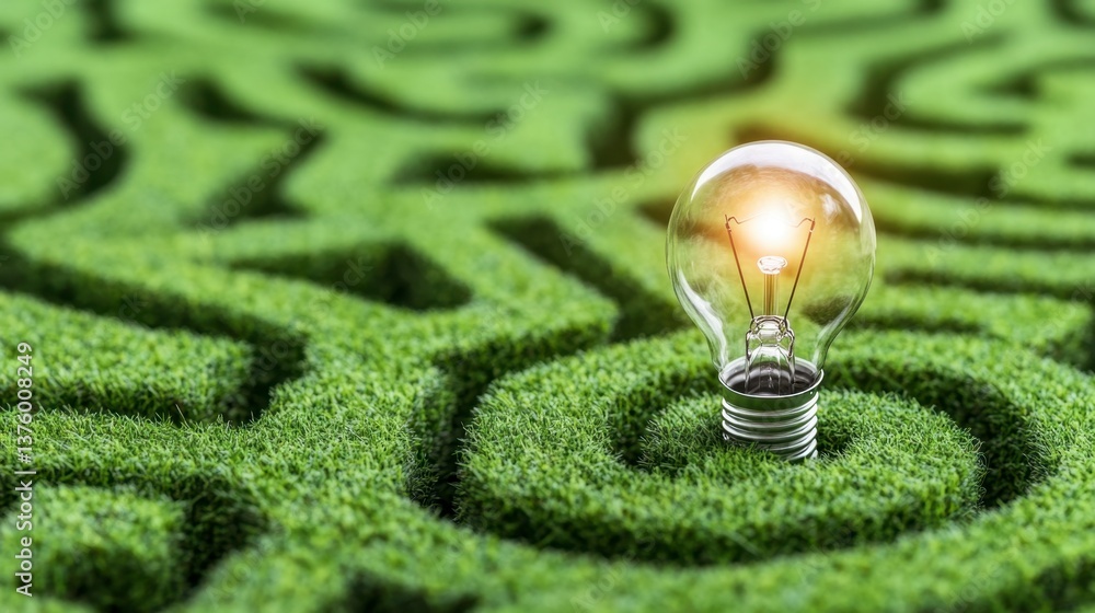 Poster glowing lightbulb in a green grass maze. concept image representing solutions, innovation, and findi