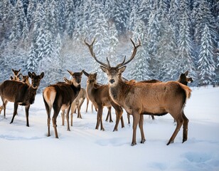A noble deer with females in the herd against the background of a beautiful winter snow fore