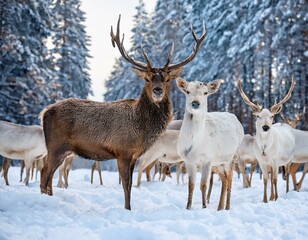 A noble deer with females in the herd against the background of a beautiful winter snow fore