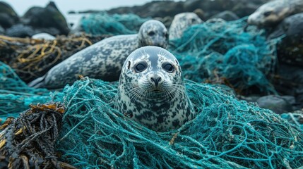 seals trapped among ropes and fishing nets focus on marine confinement dynamic fusion rocky bay