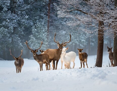 A noble deer with females in the herd against the background of a beautiful winter snow fore