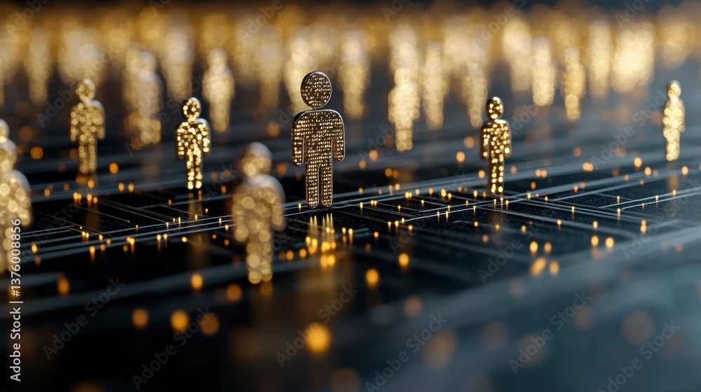 Poster abstract digital art depicting a network of metallic figures glowing with warm light against a dark 