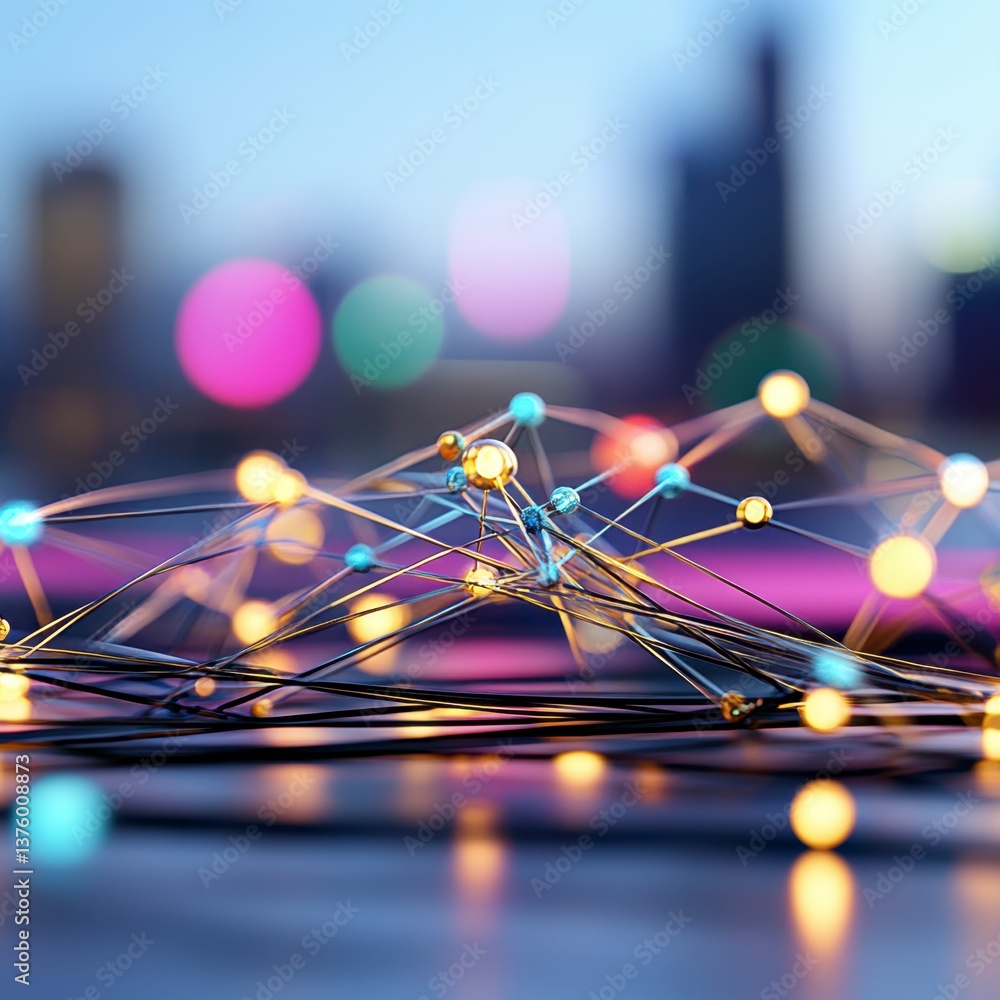 Poster abstract network of glowing nodes and connecting lines, set against a blurred city lights backdrop a