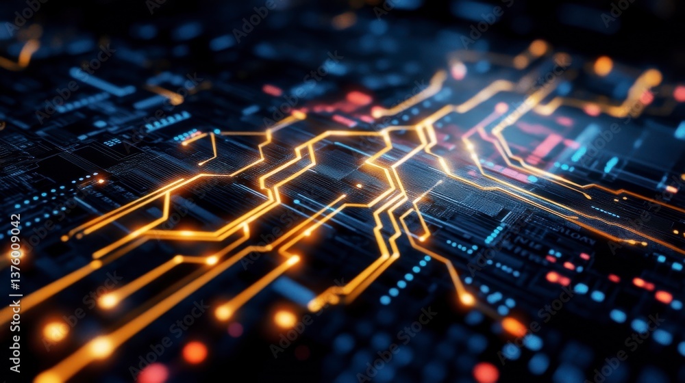 Poster abstract close up of a circuit board with glowing orange and blue pathways. high tech digital backgr