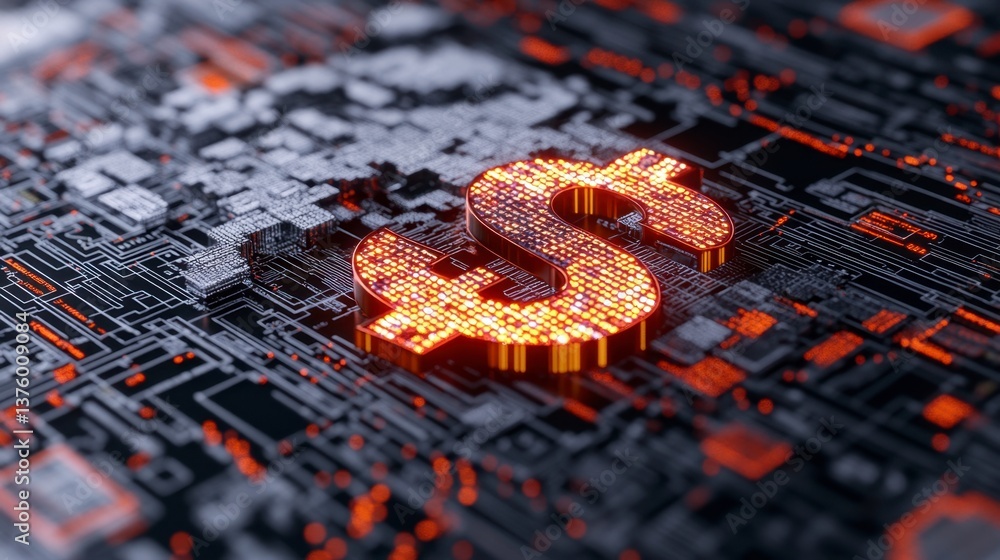 Poster close up view of a glowing orange dollar sign symbol digitally rendered on a dark circuit board, wit