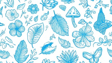 Boho Vintage Spring Doodle Illustration Featuring Wildflowers, Butterflies, and Geometric Patterns