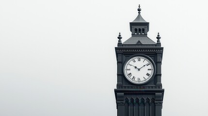 A tall clock tower with intricate details stands against a pale sky, showcasing its classic design and large clock face.
