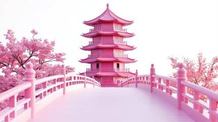 A serene scene featuring a pink pagoda surrounded by cherry blossoms, set against a white backdrop, evoking tranquility and beauty.