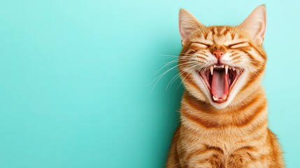 Laughing Cat on a Bright Blue Background Creates a Cheerful Atmosphere With Playful Vibes and Vibrant Energy