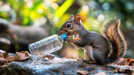 Obraz premium squirrel using a discarded bottle as shelter focus on ingenuity vibrant silhouette city park