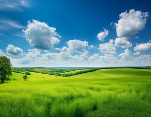 Obraz premium A serene landscape of vibrant green meadows under a vast blue sky dotted with fluffy white