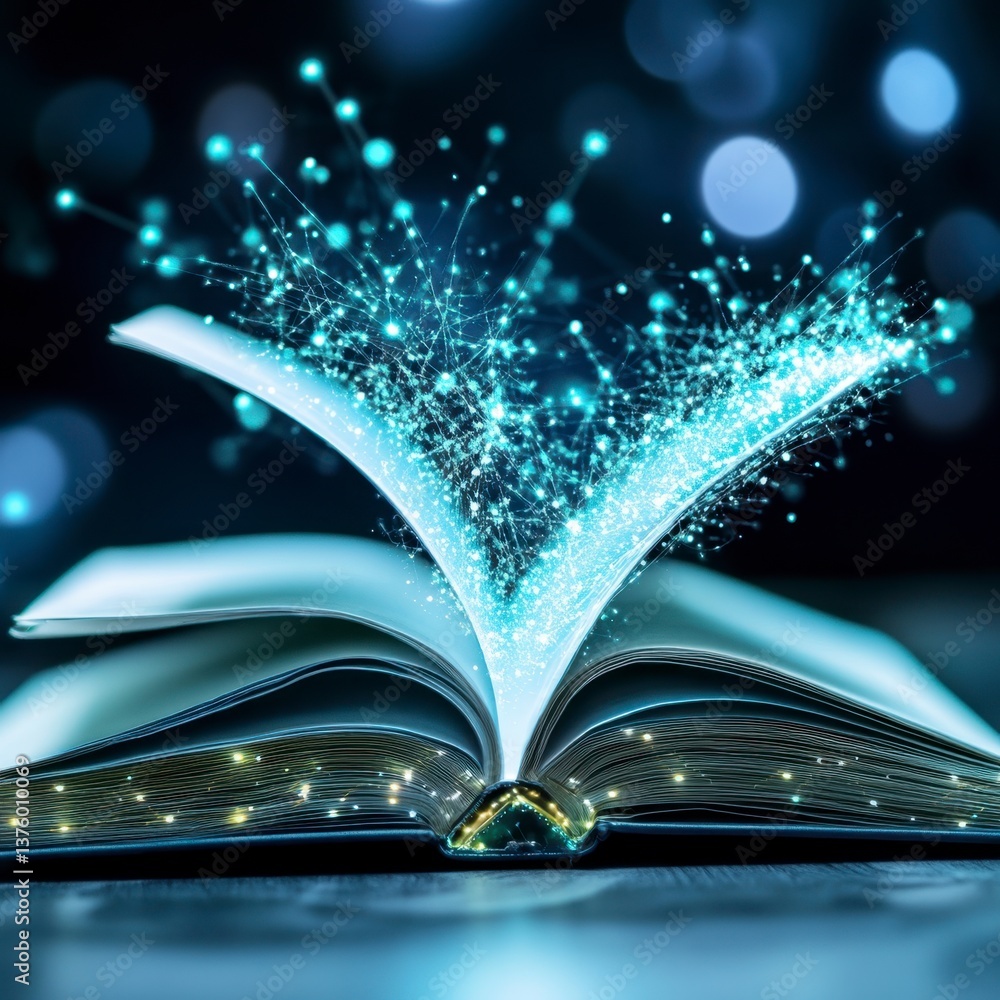 Poster open book with glowing teal particles emanating from its pages, dark background with bokeh lights.