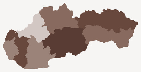 Fototapeta premium Map of Slovakia with regions. Just a simple country border map with region division. Brown color palette. Blank Slovakia shape with administrative division. Vector illustration.