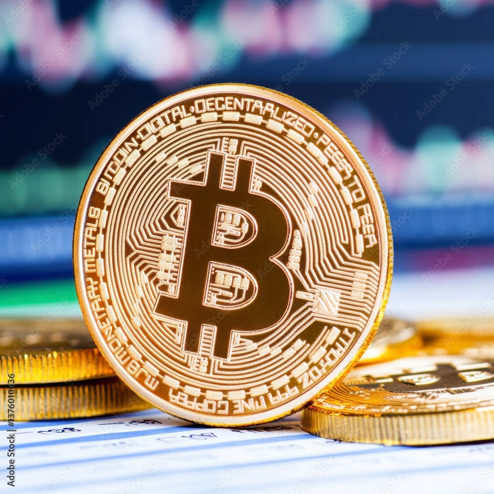 Poster close up of a gold bitcoin cryptocurrency coin resting on a stack of similar coins, with a blurred b