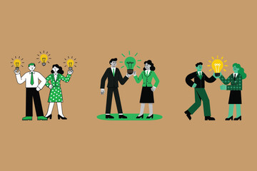 Cartoon Business Team Sharing Light Bulb Ideas: Tan Background, Ideal for Innovation, Collaboration, and Creative Thinking Concepts.