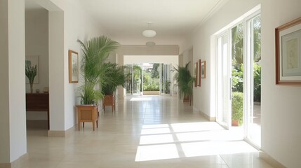 An elegant, sunlit hallway with a modern design, leading the eye towards the natural light and lush greenery outside. The hallway is adorned with potted plants and tasteful art.