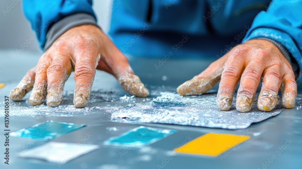 Poster hands working with materials on a table surface.