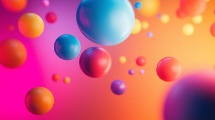 Colorful spheres float in vibrant gradient background, creating playful and dynamic atmosphere. mix of bright colors and varying sizes adds depth and visual interest to composition