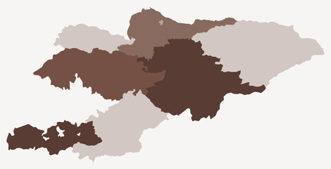 Obraz premium Map of Kyrgyzstan with regions. Just a simple country border map with region division. Brown color palette. Blank Kyrgyzstan shape with administrative division. Vector illustration.