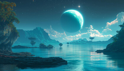 Realistic cosmos celestial landscapes. breathtaking landscape showcases realistic cosmos with celestial elements reflecting tranquil waters, creating serene