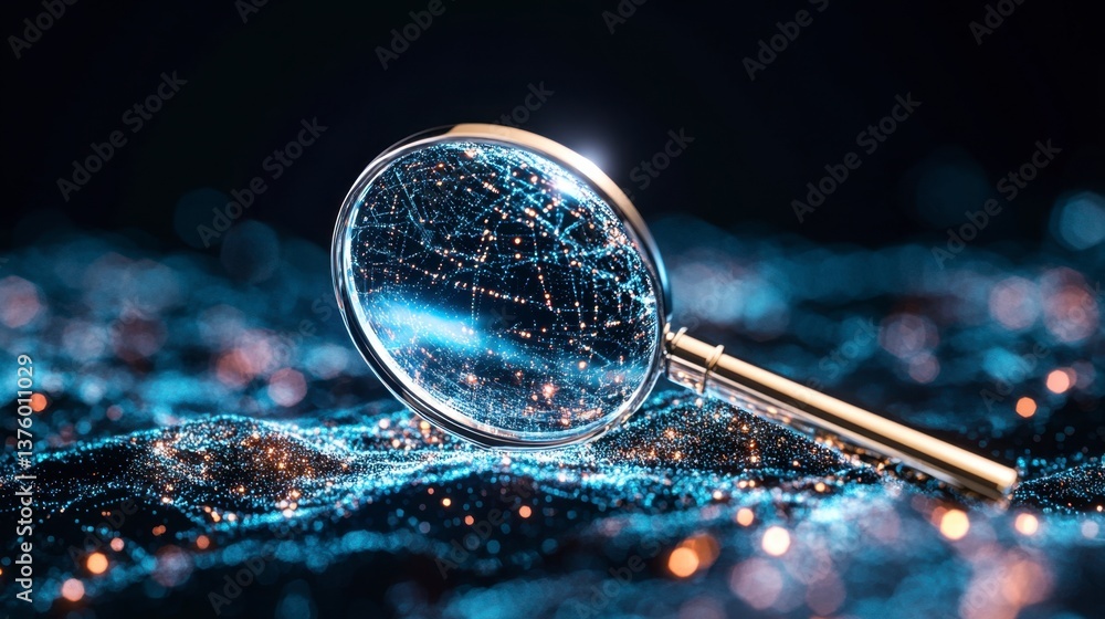 Poster a golden magnifying glass rests on a dark blue surface shimmering with glowing particles, creating a