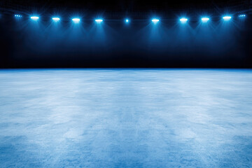 A vast, empty stage bathed in cool blue light, awaiting the performance, a silent anticipation before the curtain rises, under a dramatic spotlight.