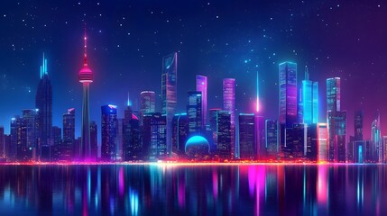 Fototapeta premium A futuristic city skyline with glowing neon lights at night