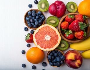 Above view of colorful fruits, strawberries, blueberries, mango, orange, grapefruit, banana, 