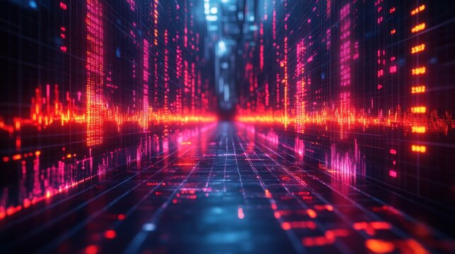 Abstract Digital Corridor of Glowing Data Streams and Red Neon Lights Futuristic Technology