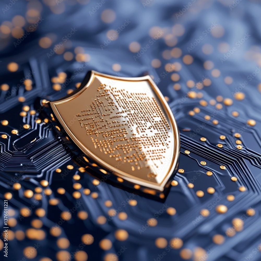 Poster golden shield symbol rests on a dark blue circuit board, representing digital security and protectio