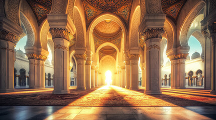 Obraz premium Majestic Islamic Architecture – Glowing Mosque Domes and Sunlit Interiors