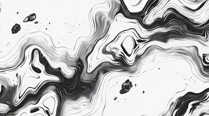 Seamless Black and White Topographical Pattern Featuring Fluid Wave Designs With Organic Shapes and Abstract Elements