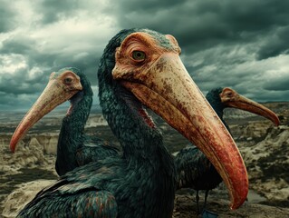 Obraz premium birds with straws in beaks focus on food misidentification vibrant manipulation beachside horizon