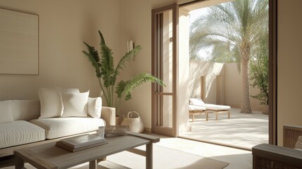 A modern living room with an open doorway that leads to an outdoor area with palm trees. It features a comfortable sofa, a wooden coffee table, and a natural color palette