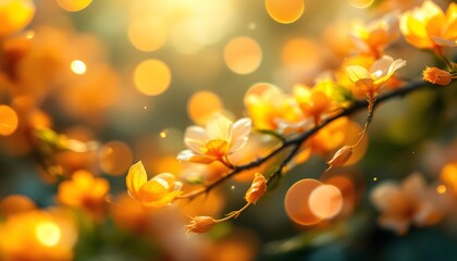 Obraz premium Golden Blossom Branch Background: A vibrant close-up of a branch adorned with delicate golden blossoms, bathed in warm sunlight, creating a sense of ethereal beauty and serenity. 