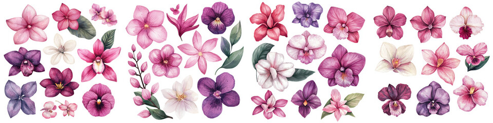 Tropical rainforest wild orchid collection clipart