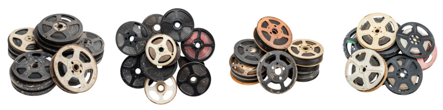 Pile of scratched and worn film reels from the cine industry