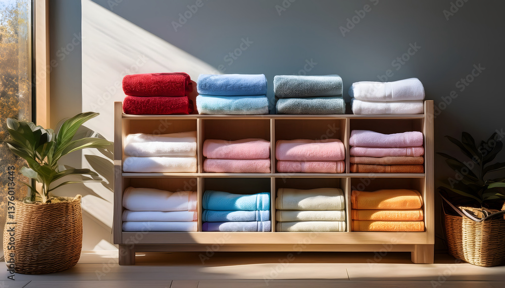 Poster A neatly organized shelf displays colorful towels, complemented by greenery and natural light streaming in from a window