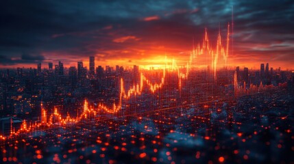 Dramatic Sunset Cityscape with Overlay of Dynamic Stock Market Graph