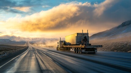 Fototapeta premium A truck driver securing cargo on a flatbed trailer early morning light on an open highway road lifestyle realism