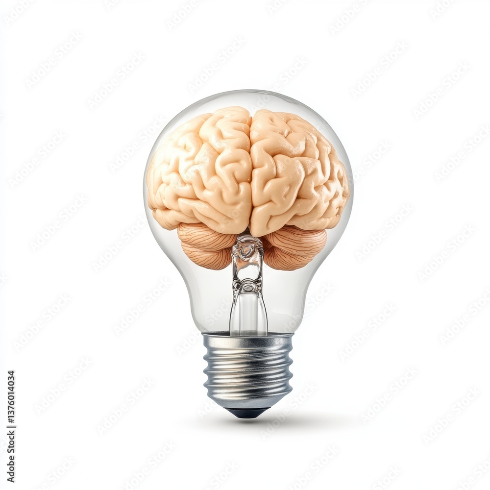 Poster a human brain inside a clear lightbulb on a white background. the image is a conceptual representati