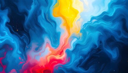 Obraz premium A Symphony of Hues Background: A vibrant artwork erupts with an explosion of colors, where rich blues, fiery reds, and radiant yellows blend and swirl.