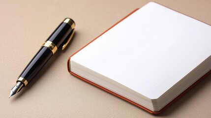 Elegant pen beside a blank notebook on a textured surface.