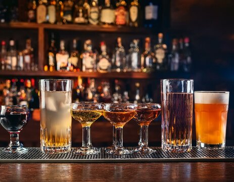 Assortment of hard strong alcoholic drinks and spirits in glasses on bar counter