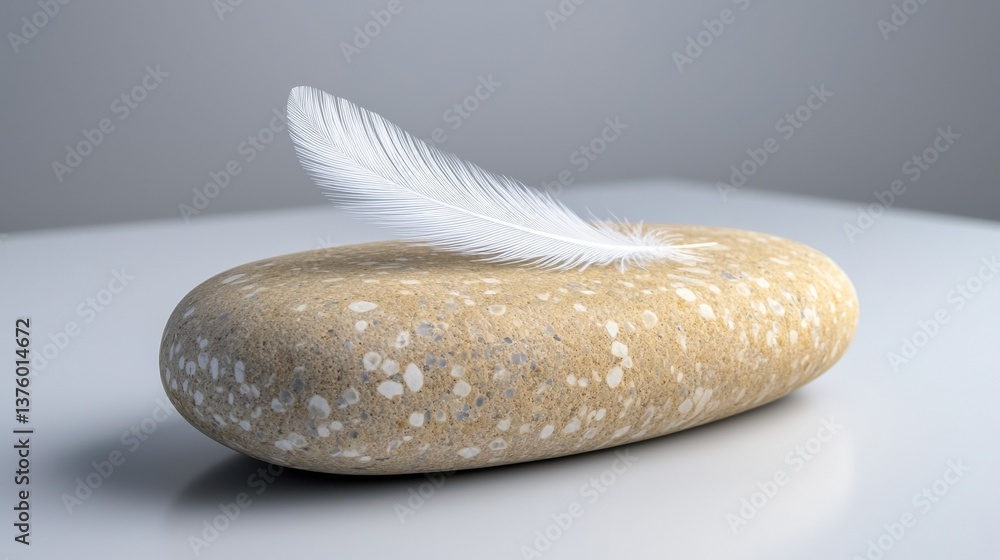 Poster smooth stone with feather on a minimalist surface.